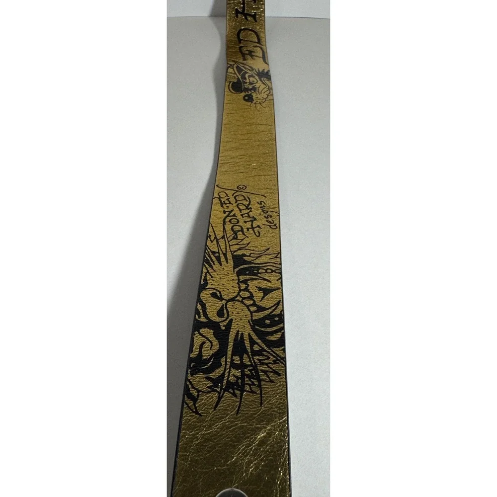 Ed Hardy Mens Gold Metallic Tattoo Print Belt Tiger Skull Snake Size 36 Y2K